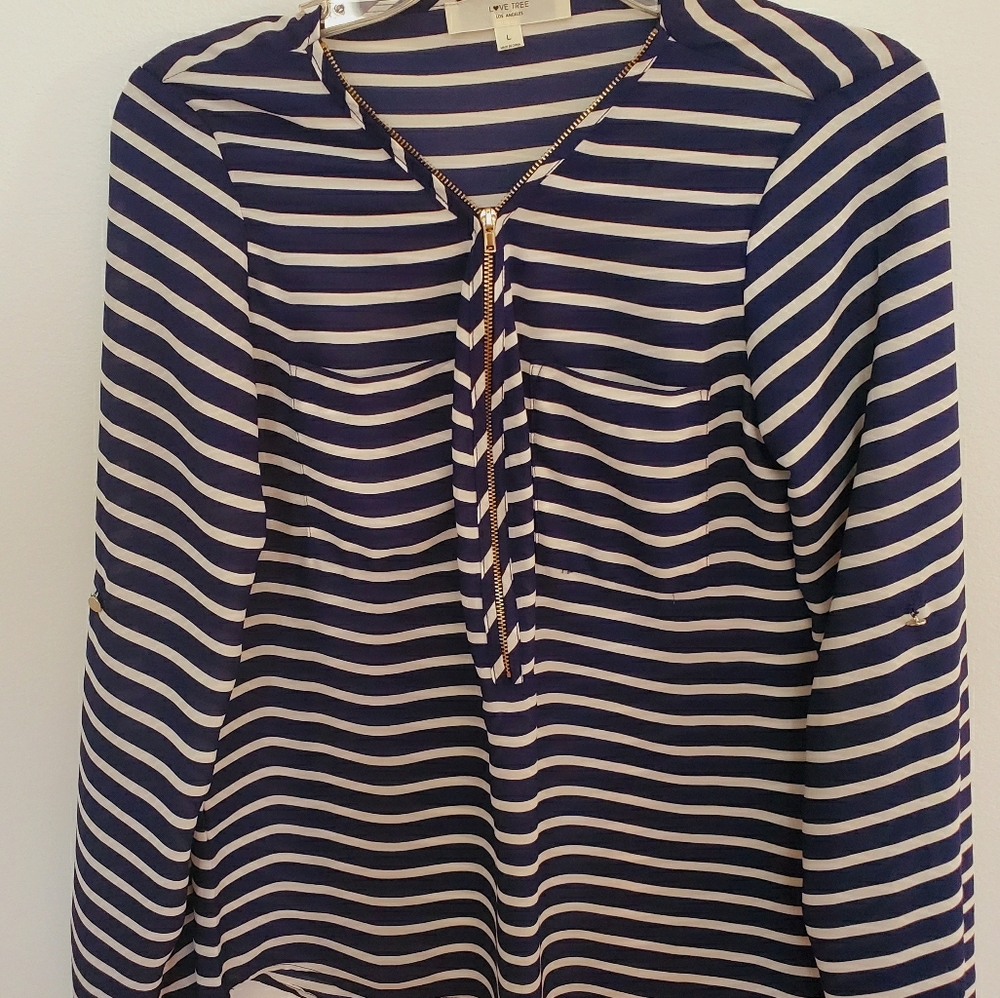 Front Zipper Striped Blouse